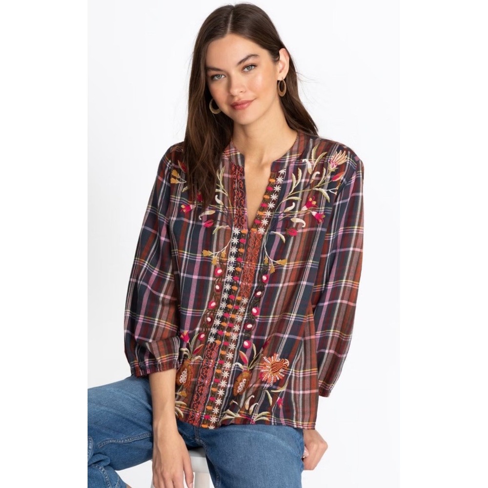 Johnny Was Top Rosalva Paris Blouse Plaid Embroidered Workshop Boho Women's XS